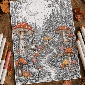 May include: A detailed black and white line art illustration of a forest scene featuring a winding path, numerous mushrooms with red and orange caps, lanterns, and a crescent moon in the starry sky. Several coloured markers are placed around the paper.