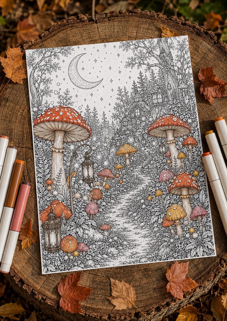 May include: A detailed black and white line art illustration of a forest scene featuring a winding path, numerous mushrooms with red and orange caps, lanterns, and a crescent moon in the starry sky. Several coloured markers are placed around the paper.