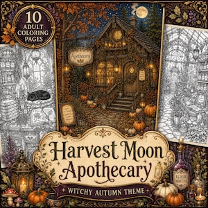 May include: A collection of 10 adult coloring pages titled Harvest Moon Apothecary Witchy Autumn Theme. The imagery features a detailed apothecary shop with pumpkins, lanterns, and foliage, alongside black and white line art illustrations.