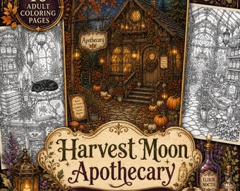 10 Fall Coloring Pages: Harvest Moon Apothecary, Witchy Printable Scenes for Adults