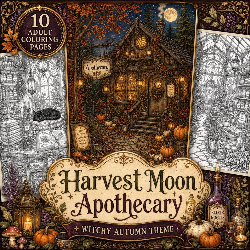 May include: A collection of 10 adult coloring pages titled Harvest Moon Apothecary Witchy Autumn Theme. The imagery features a detailed apothecary shop with pumpkins, lanterns, and foliage, alongside black and white line art illustrations.