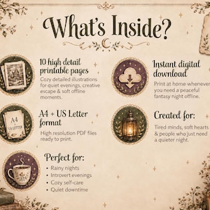 May include: An informational graphic titled What's Inside? featuring five circular icons with illustrations of a house, a download cloud, A4 and US Letter paper, a lantern, and a teacup. The text details 10 high-detail printable pages.
