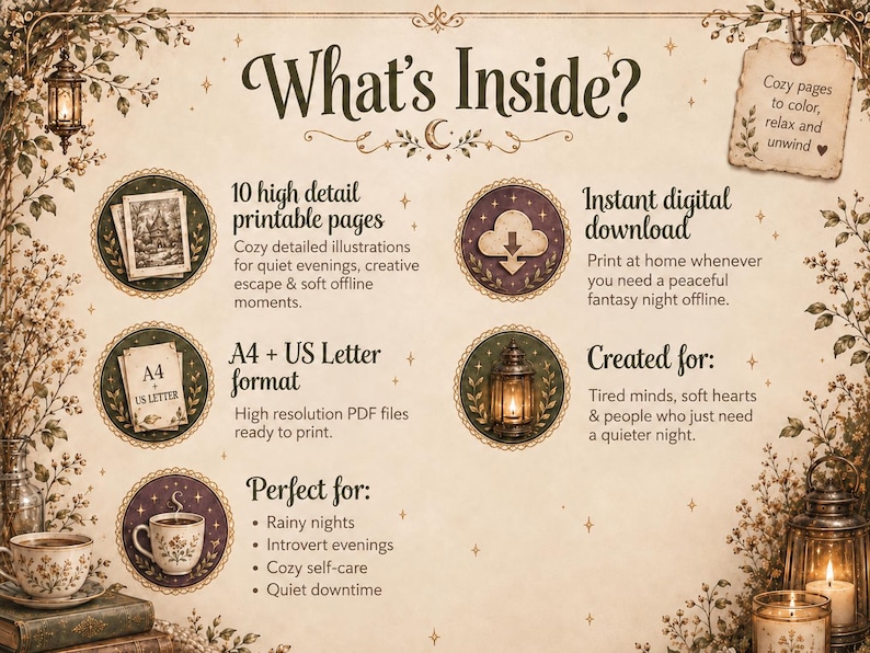 May include: An informational graphic titled What's Inside? featuring five circular icons with illustrations of a house, a download cloud, A4 and US Letter paper, a lantern, and a teacup. The text details 10 high-detail printable pages.