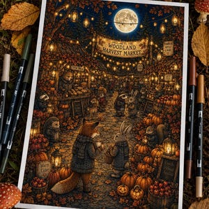 Puede incluir: Una ilustraci&oacute;n detallada de un mercado de cosecha en el bosque de noche, con animales antropom&oacute;rficos, calabazas y linternas. Un cartel dice 'WELCOME TO THE WOODLAND HARVEST MARKET'. Incluye letreros con 'WARM CIDER', 'FRESH PICKED APPLES', 'HOT TEA' y 'PUMPKINS APPLES & MORE'.