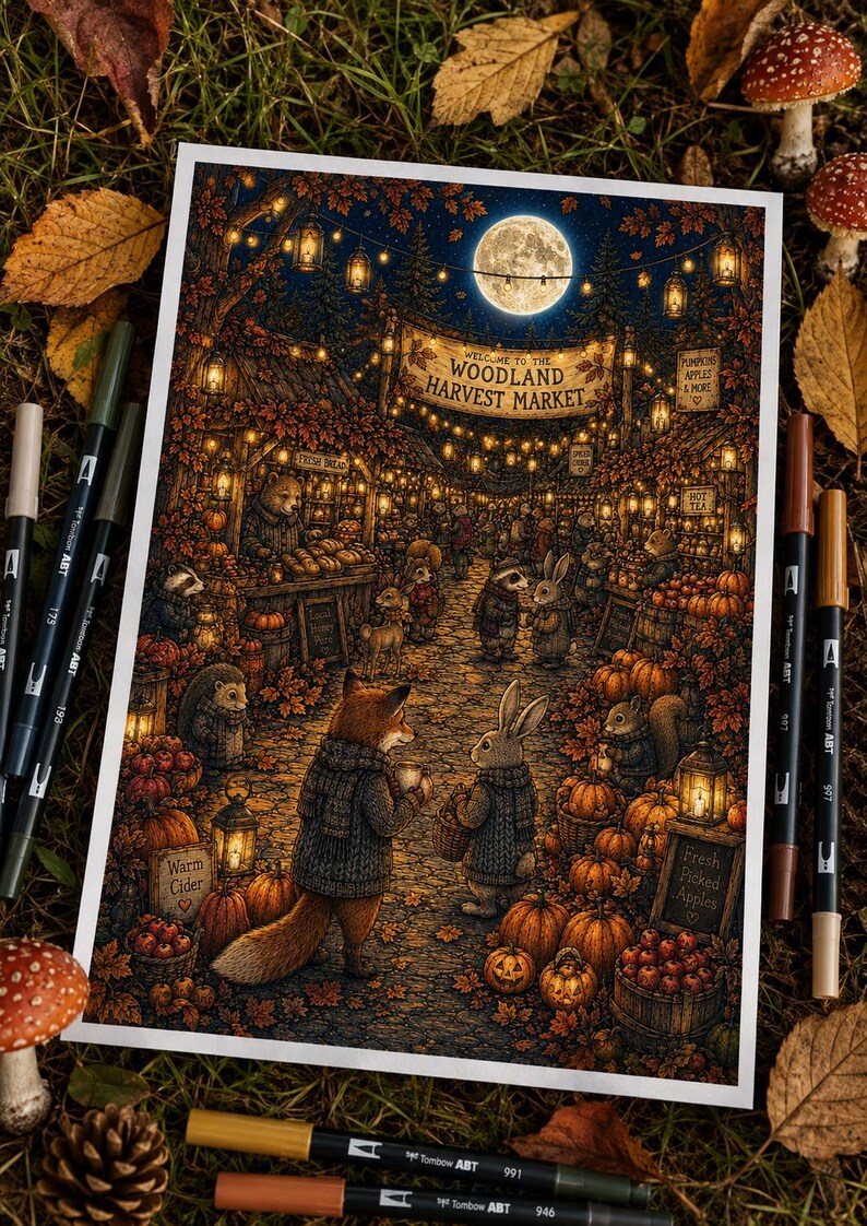 Puede incluir: Una ilustraci&oacute;n detallada de un mercado de cosecha en el bosque de noche, con animales antropom&oacute;rficos, calabazas y linternas. Un cartel dice 'WELCOME TO THE WOODLAND HARVEST MARKET'. Incluye letreros con 'WARM CIDER', 'FRESH PICKED APPLES', 'HOT TEA' y 'PUMPKINS APPLES & MORE'.