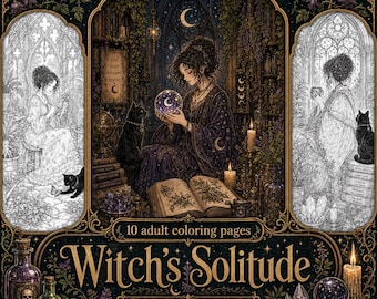 May include: A coloring book titled Witch's Solitude by MidnightByVoid featuring 10 adult coloring pages. The cover displays a central illustration of a person with a black cat and crystal ball, flanked by two black and white line art panels.