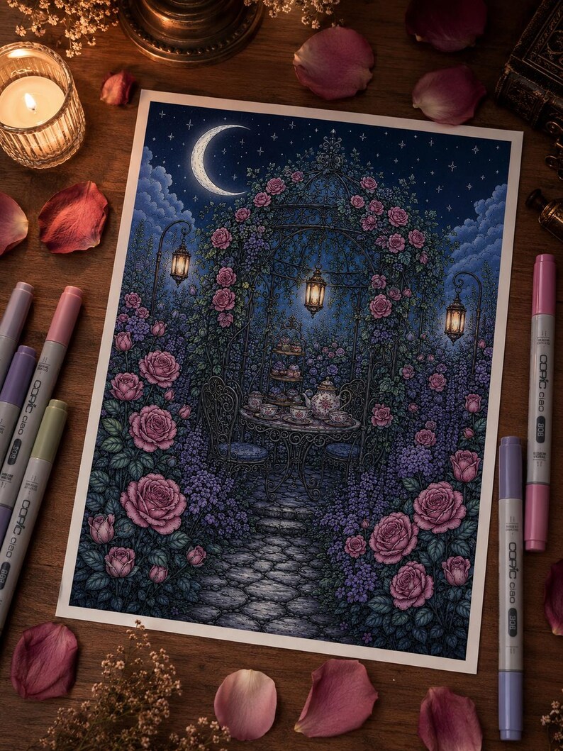 Puede incluir: Una l&aacute;mina de arte rectangular con una ilustraci&oacute;n detallada de un cenador de jard&iacute;n por la noche, rodeado de rosas rosas y flores moradas. La escena incluye un camino de piedra, una mesa con servicio de t&eacute;, farolillos colgantes y una luna creciente.