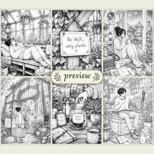 May include: A black and white digital illustration collage featuring six scenes of people in greenhouse settings. The central sign reads No Wi-Fi, only plants. Other elements include a person resting, a digital detox jar, and lush foliage.