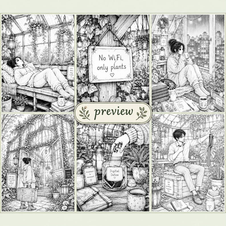May include: A black and white digital illustration collage featuring six scenes of people in greenhouse settings. The central sign reads No Wi-Fi, only plants. Other elements include a person resting, a digital detox jar, and lush foliage.