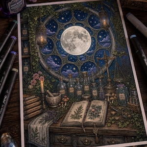 May include: A detailed illustration of a workspace featuring a large circular window with a full moon, surrounded by glass apothecary bottles, a mortar and pestle, a stack of books, and an open botanical book with illustrations of plants and flowers.