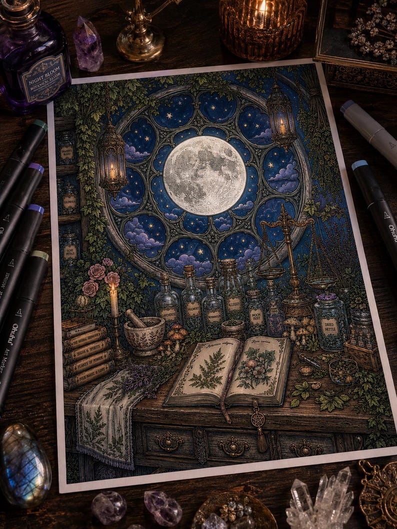 May include: A detailed illustration of a workspace featuring a large circular window with a full moon, surrounded by glass apothecary bottles, a mortar and pestle, a stack of books, and an open botanical book with illustrations of plants and flowers.