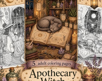 May include: A collection of 5 adult coloring pages titled Apothecary Witch, featuring intricate illustrations of a cat sleeping on an open spellbook, a witch in a chair, and a moonlit balcony, surrounded by potion bottles, crystals, and candles.