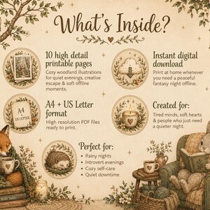 May include: A digital product information sheet titled What's Inside? featuring woodland illustrations of an owl, fox, hedgehog, and rabbit. It lists 10 printable pages, instant download, A4 and US Letter formats, and usage suggestions.
