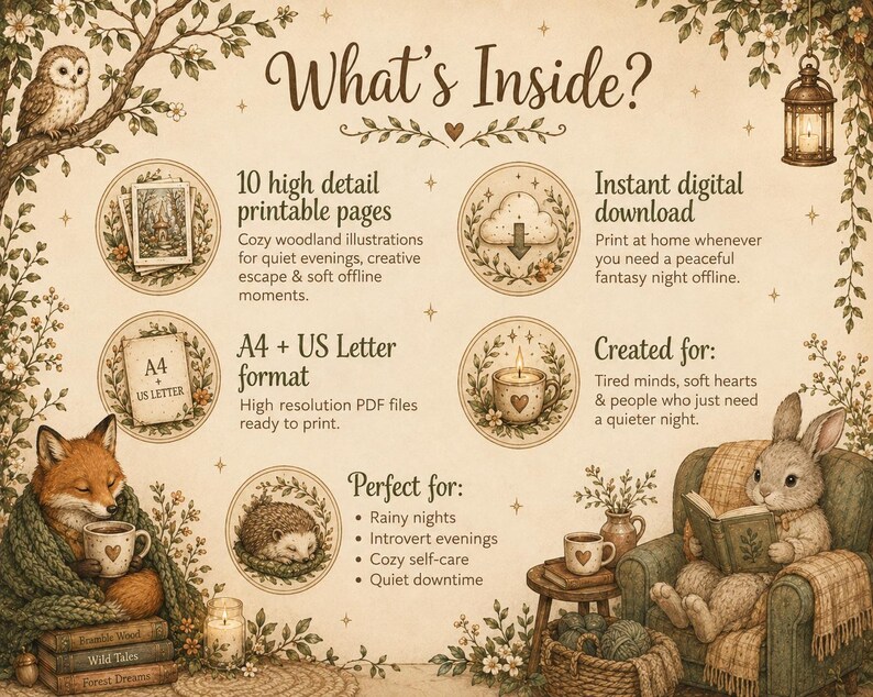 May include: A digital product information sheet titled What's Inside? featuring woodland illustrations of an owl, fox, hedgehog, and rabbit. It lists 10 printable pages, instant download, A4 and US Letter formats, and usage suggestions.