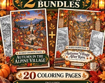 20 Autumn Village Coloring Pages for Adults, Cozy Alpine and Rainy Village Printable Bundle Fall Pages, Instant Download