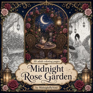 K&ouml;nnte beinhalten: Eine Sammlung von 10 Malvorlagen f&uuml;r Erwachsene mit dem Titel Midnight Rose Garden von MidnightByVoid. Das Design zeigt drei gew&ouml;lbte Paneele mit detaillierten Illustrationen eines n&auml;chtlichen Gartens, Rosen, Laternen, einem Teeservice und einer lesenden Person.