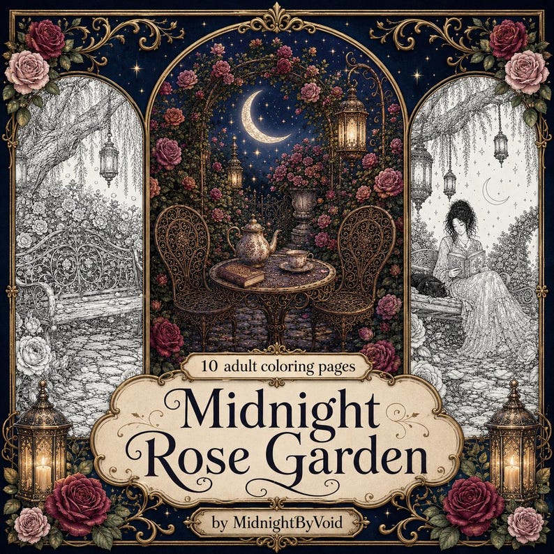 K&ouml;nnte beinhalten: Eine Sammlung von 10 Malvorlagen f&uuml;r Erwachsene mit dem Titel Midnight Rose Garden von MidnightByVoid. Das Design zeigt drei gew&ouml;lbte Paneele mit detaillierten Illustrationen eines n&auml;chtlichen Gartens, Rosen, Laternen, einem Teeservice und einer lesenden Person.