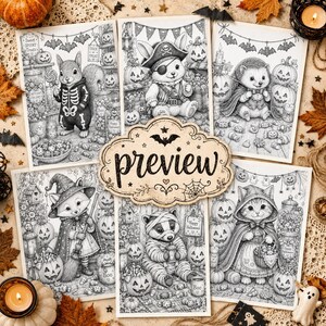 May include: A collection of five black and white Halloween coloring pages featuring anthropomorphic animals in costumes, including a squirrel, pirate rabbit, hedgehog, fox, badger, and cat, with the word preview centered on a decorative label.