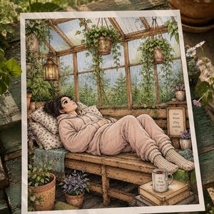 May include: A printed illustration of a person resting on a wooden bench inside a greenhouse filled with hanging plants. The person wears a light-colored hoodie and sweatpants. A mug with the text 'it's okay to rest' sits on a stack of books.