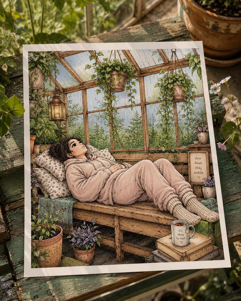 May include: A printed illustration of a person resting on a wooden bench inside a greenhouse filled with hanging plants. The person wears a light-colored hoodie and sweatpants. A mug with the text 'it's okay to rest' sits on a stack of books.