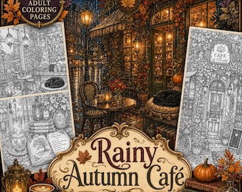10 Fall Coloring Pages: Rainy Autumn Café, Cozy Printable Scenes for Adults