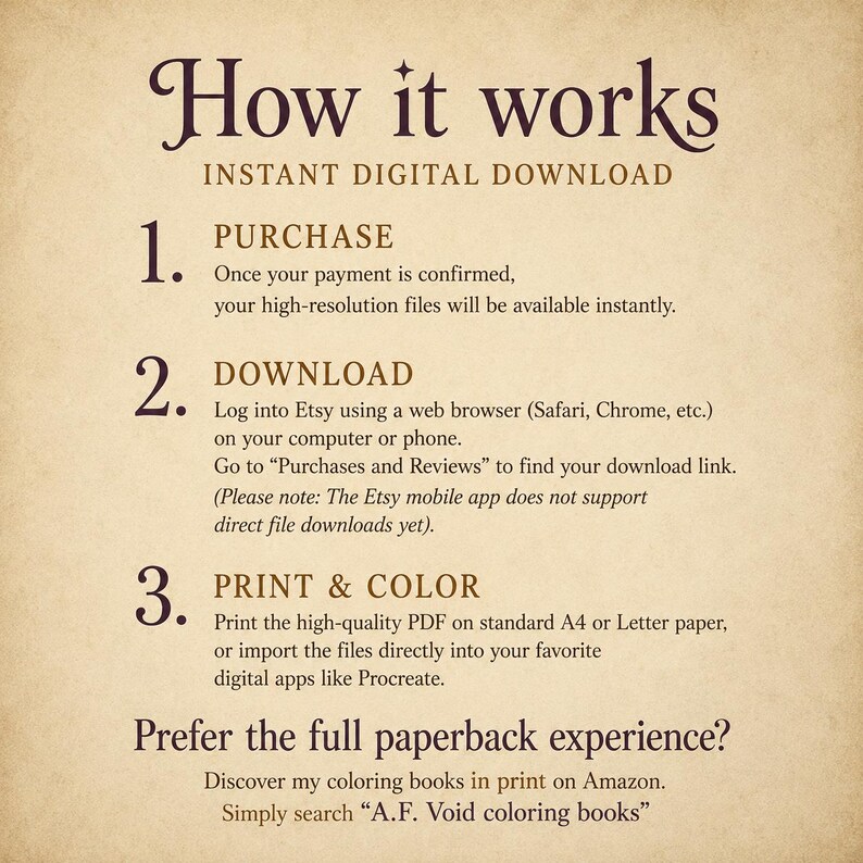 Puede incluir: Un gr&aacute;fico informativo titulado How it works con texto marr&oacute;n oscuro sobre un fondo beige claro. Describe tres pasos para una descarga digital instant&aacute;nea: compra, descarga, impresi&oacute;n y coloreado, adem&aacute;s de una nota sobre libros en papel.