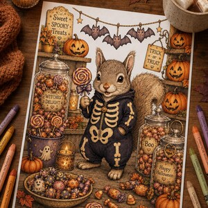 May include: A detailed illustration of a squirrel wearing a black skeleton costume, holding a colorful lollipop. The scene includes glass jars filled with candies labeled Witches Delight, Boo, and Happy Halloween, pumpkins, and hanging bat decorations.