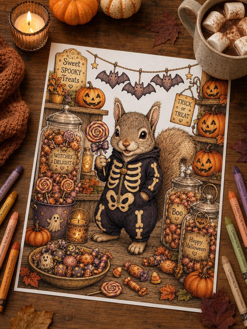 May include: A detailed illustration of a squirrel wearing a black skeleton costume, holding a colorful lollipop. The scene includes glass jars filled with candies labeled Witches Delight, Boo, and Happy Halloween, pumpkins, and hanging bat decorations.