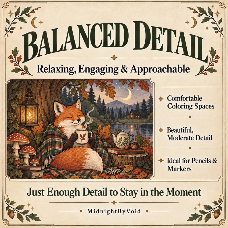 May include: A coloring book page featuring a fox wrapped in a plaid blanket, holding a mug under a tree with a lantern and mushrooms. Text includes BALANCED DETAIL, Relaxing, Engaging & Approachable, Comfortable Coloring Spaces, Beautiful, Moderate Detail, Ideal for Pencils & Markers, Just Enough Detail to Stay in the Moment, and MidnightByVoid.