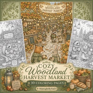 Puede incluir: Una colecci&oacute;n de 10 p&aacute;ginas para colorear titulada Cozy Woodland Harvest Market con ilustraciones detalladas de animales antropom&oacute;rficos en un mercado con calabazas, linternas y el texto Welcome to the Woodland Harvest Market.