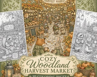10 Fall Coloring Pages: Woodland Harvest Market, Cozy Printable Scenes for Adults