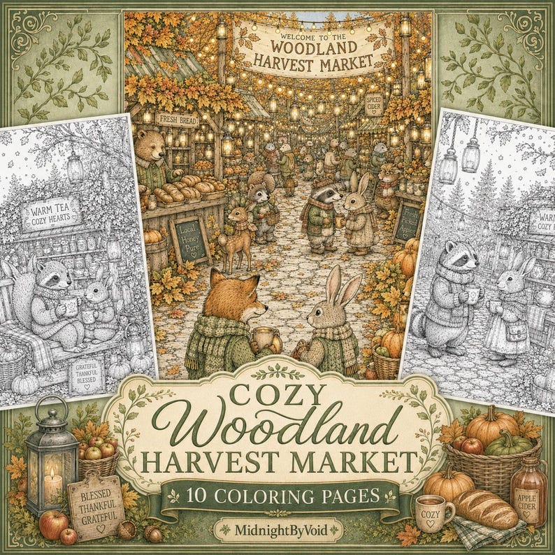 Puede incluir: Una colecci&oacute;n de 10 p&aacute;ginas para colorear titulada Cozy Woodland Harvest Market con ilustraciones detalladas de animales antropom&oacute;rficos en un mercado con calabazas, linternas y el texto Welcome to the Woodland Harvest Market.