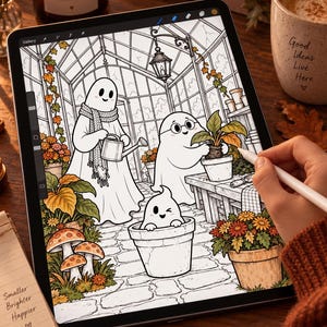 May include: A digital tablet displaying a coloring page illustration of three ghosts in a greenhouse. One ghost wears a scarf and holds a watering can, another wears glasses while tending a plant, and a third sits inside a flower pot.