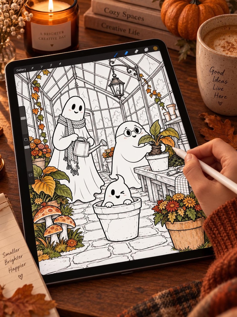 May include: A digital tablet displaying a coloring page illustration of three ghosts in a greenhouse. One ghost wears a scarf and holds a watering can, another wears glasses while tending a plant, and a third sits inside a flower pot.