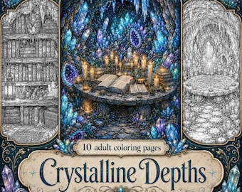 May include: A digital collection of 10 adult colouring pages titled Crystalline Depths by MidnightByVoid. The cover features a central coloured illustration of a stone table with open books and candles inside a crystal cave, flanked by two black and white line art panels showing a bookshelf and a cavernous room.