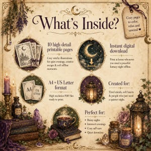 May include: A digital coloring book information sheet titled What's Inside? featuring 10 high detail printable pages, instant digital download, and A4 plus US Letter formats. The design includes illustrations of candles, potion bottles, crystals, and lanterns.