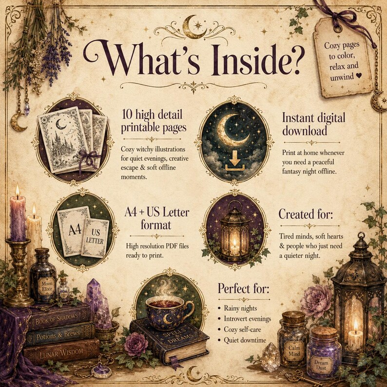 May include: A digital coloring book information sheet titled What's Inside? featuring 10 high detail printable pages, instant digital download, and A4 plus US Letter formats. The design includes illustrations of candles, potion bottles, crystals, and lanterns.