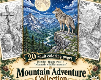 20 Mountain Coloring Pages for Adults, Printable Hiking & Wildlife Designs, A4 - US Letter PDF, Mountain Adventure Collection