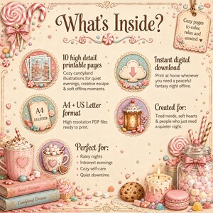 May include: A digital colouring book advertisement titled What's Inside? featuring candy-themed illustrations, 10 printable pages, A4 and US Letter formats, and instant download options. The graphic includes pink mugs, books, and sweets.