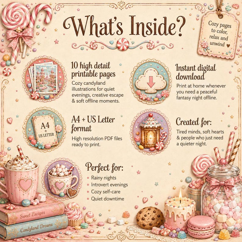 May include: A digital colouring book advertisement titled What's Inside? featuring candy-themed illustrations, 10 printable pages, A4 and US Letter formats, and instant download options. The graphic includes pink mugs, books, and sweets.