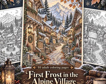 First Frost in the Alpine Village 10 Coloring Pages for Adults, Cozy Winter Printables