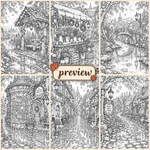 Puede incluir: Una colecci&oacute;n de seis ilustraciones detalladas en blanco y negro que muestran una escena de pueblo con una librer&iacute;a, un puente de piedra, un puesto de flores y calles empedradas. La palabra preview est&aacute; centrada en una etiqueta marr&oacute;n.
