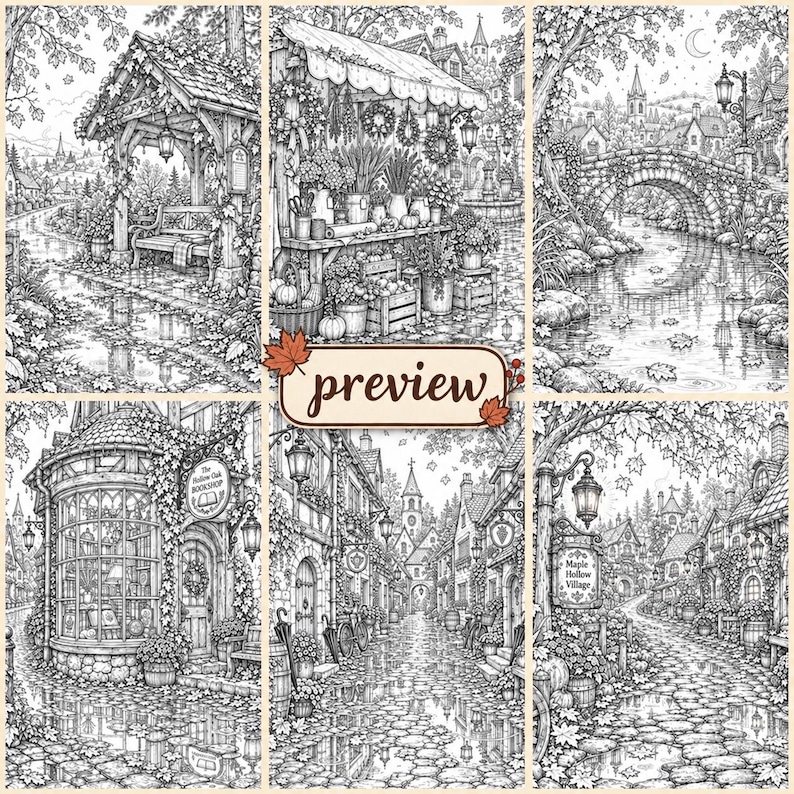 Puede incluir: Una colecci&oacute;n de seis ilustraciones detalladas en blanco y negro que muestran una escena de pueblo con una librer&iacute;a, un puente de piedra, un puesto de flores y calles empedradas. La palabra preview est&aacute; centrada en una etiqueta marr&oacute;n.
