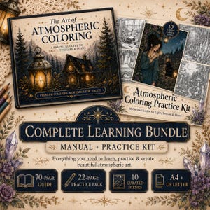 May include: A complete learning bundle for atmospheric coloring, including a 70-page manual titled The Art of Atmospheric Coloring, a 22-page practice pack, and a 10-scene practice kit. The set features dark blue and gold accents with A4 and US letter sizing.