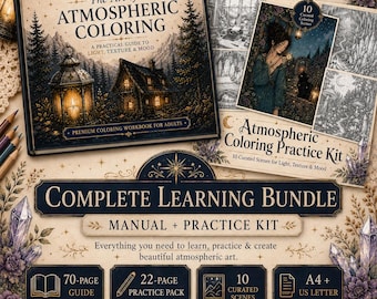 Adult Coloring Guide Bundle, Colored Pencil and Marker Workbook, 10 Practice Pages, Light Texture Mood, Printable PDF