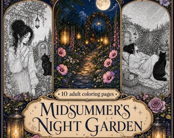 Midsommarnattsträdgård 10 målarbilder, mysig natur gråskala målarbild utskrivbar PDF, hemligt växthus direktnedladdning antistresskonst