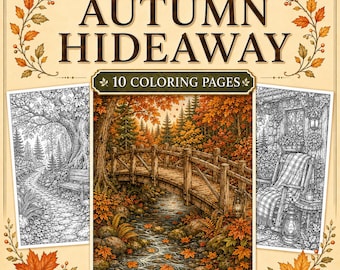 May include: A coloring book titled Autumn Hideaway featuring 10 coloring pages by MidnightByVoid. The cover displays a central full-color illustration of a wooden bridge over a stream in an autumn forest, flanked by two black and white line art pages.