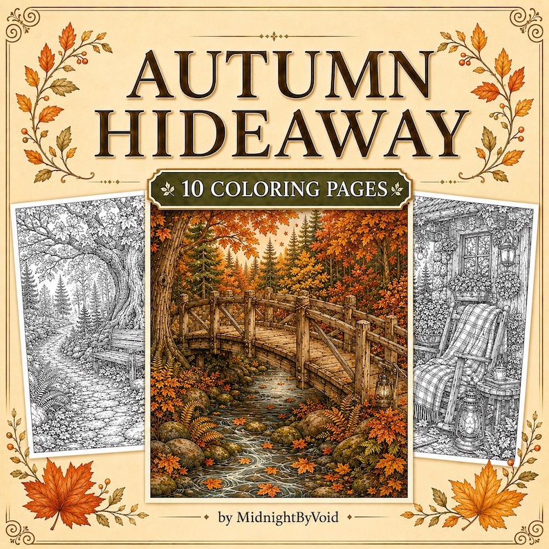 May include: A colouring book titled Autumn Hideaway featuring 10 colouring pages by MidnightByVoid. The cover displays a central full-colour illustration of a wooden bridge over a stream in an autumn forest, flanked by two black and white line art pages.