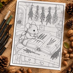 May include: A black and white coloring page illustration featuring a mouse with a backpack sitting at a desk, reading a book labeled Lavendula officinalis. The scene includes hanging dried herbs, a window, and a sign that reads breathe slowly be kind.