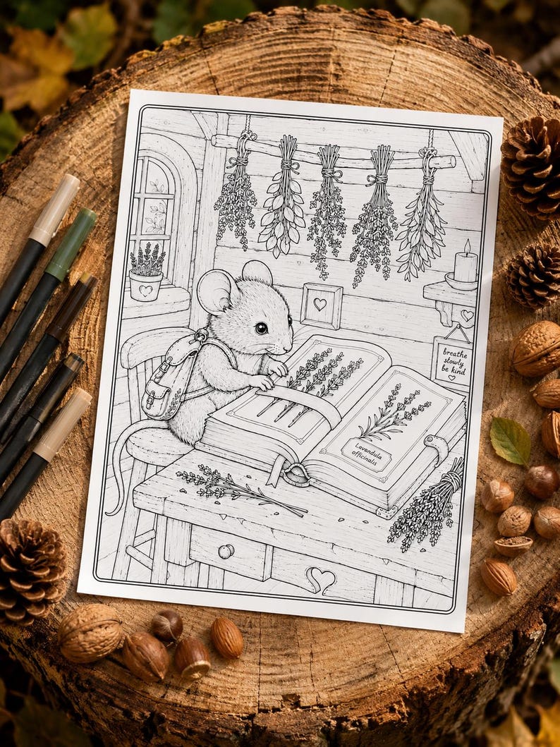 May include: A black and white coloring page illustration featuring a mouse with a backpack sitting at a desk, reading a book labeled Lavendula officinalis. The scene includes hanging dried herbs, a window, and a sign that reads breathe slowly be kind.